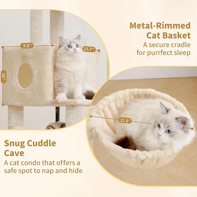 Heybly Cat Tree, 45.3" Cat Tower for Indoor Cats with Large Perch HCT202SM | All-in-One Cat Furniture with Cozy Bed, Hidden Space Cat Condo, Comfy Hammock, Scratching Posts & 3 Pompoms, Beige