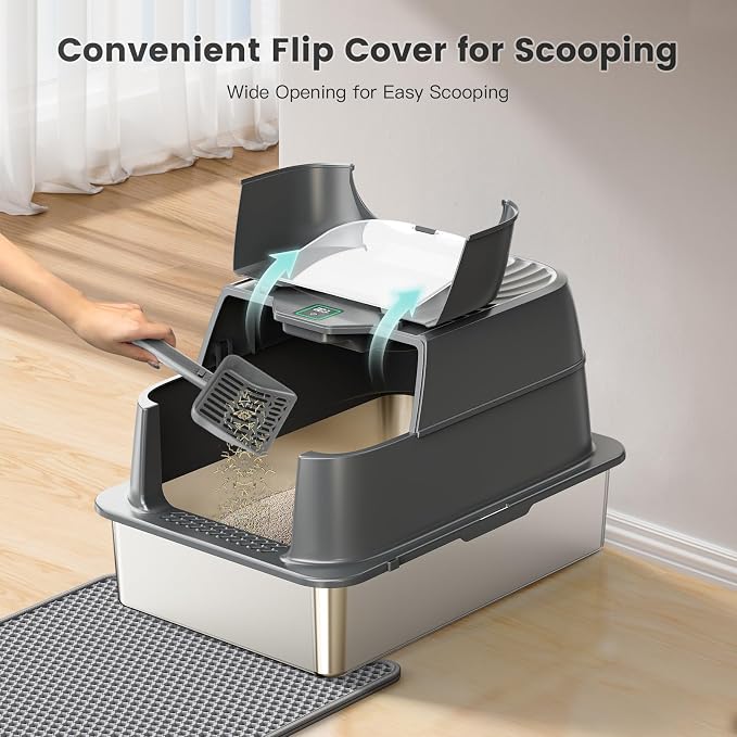 Smart Odor Control Cat Litter Box with Cover，XXXL Stainless Steel Enclosed Litter Box for Big Cats, Plasma Sterilization Deodorizer with Infrared Auto Pause, No More Odors and Stay Fresh,Easy to Clean