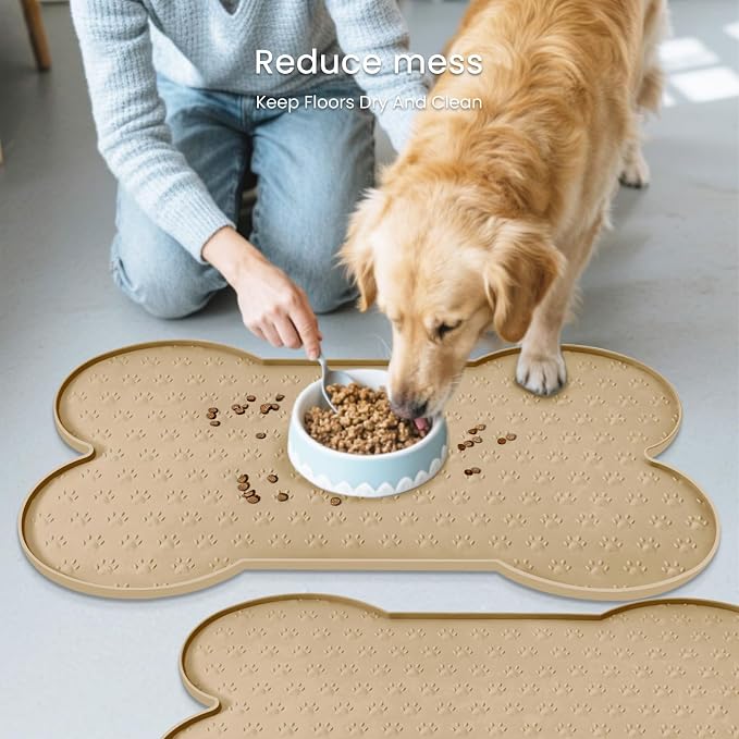 PWTAA Dog Food Mat Anti-Slip Silicone Dog Bowl Mat Thicker Pet Placemat Waterproof Cat Feeder Pad with Raised Edge Puppy Kitten Feeding Mats Suitable Small Medium-Sized Dogs Cats Eating Tray - 2PCS