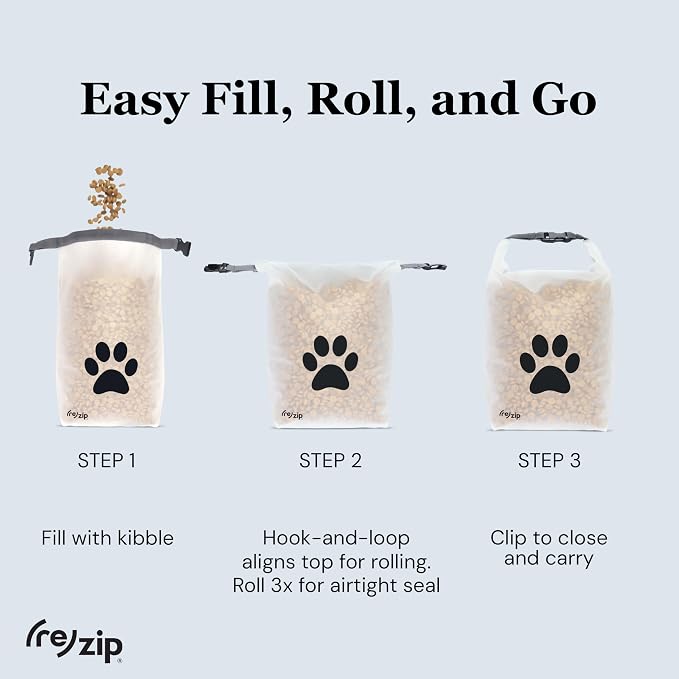 (re)zip Large Roll Top Pet Dry Food Storage Bag 40-Cup, BPA-Free, Food-Grade, Pet-Safe, Freshness Seal for Camping, Long Term Boarding, Travel & Daily Use, Machine Washable, Black