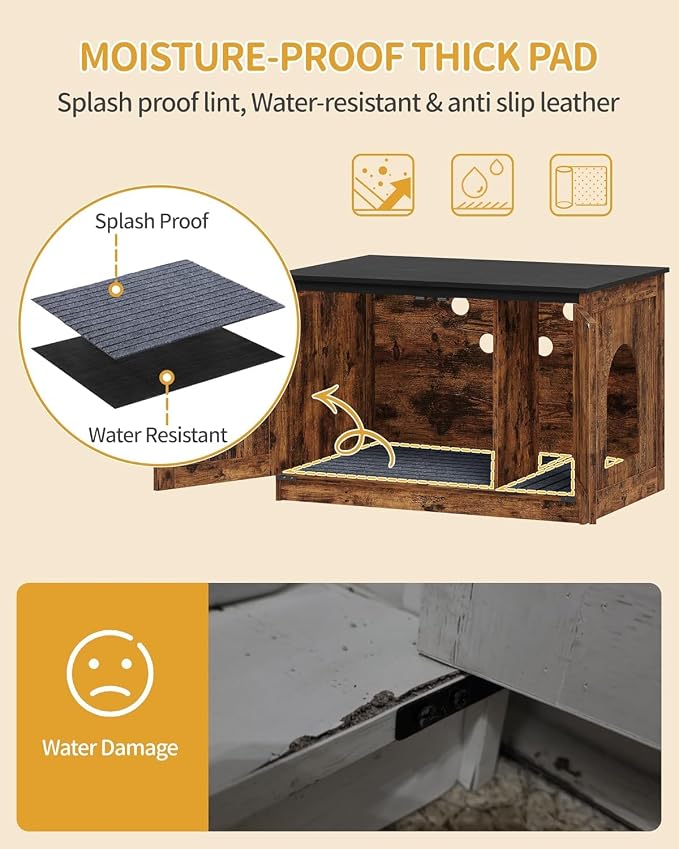 Hzuaneri Cat Litter Box Enclosure, Hidden Litter Box Furniture with Divider | Wooden Cat Cabinet with Removable Dividers, Reversible Entrance Left or Right Side, Cat Washroom, Rustic Brown Black CB84601X