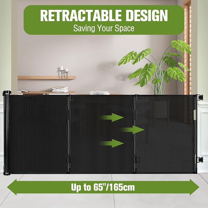 Retractable Baby Gate Extra Wide 65", Retractable Dog Gate Indoor/Outdoor | Durable Mesh Gates for Kids or Pets, Space-Saving, Easy One-Hand Operation Safety Lock, Easy Install, for Stair/Doorway/Black