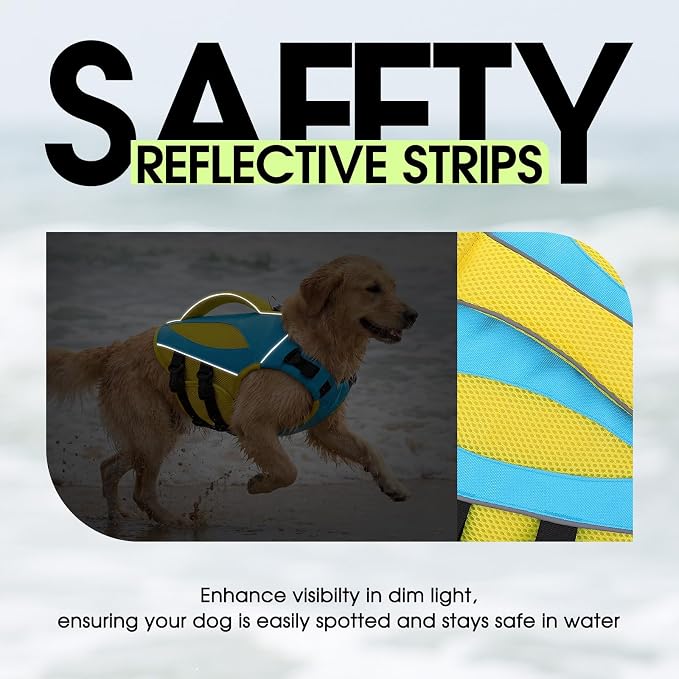 Dog Life Jacket, Reflective Dog Life Vest for Swimming, High Flotation Pet Swimminf Vest with Rescue Handle, Adjustable Pet Swimsuit Lifejacket for Medium Large Dogs, Blue Yellow L