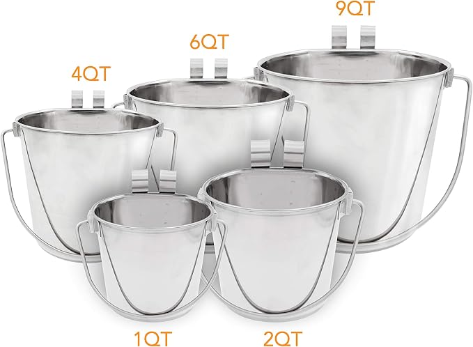 Flat Sided Pail with Dual Hooks, Snugly Fit On Dog, Cat and Critter Crates & Cages, Heavy Duty Stainless Steel | 9 Quart (PN: FSP-9)