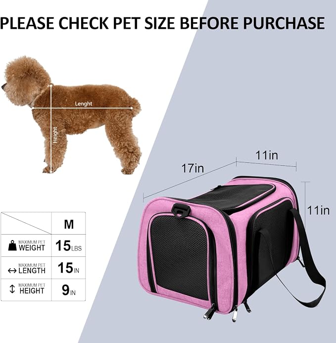 Henkelion Pet Carrier for Small Medium Cats Dogs Puppies up to 15 Lbs, TSA Airline Approved, Soft Sided, Collapsible Travel - Pink