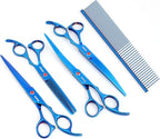 7.0in Titanium Professional Pet Grooming Scissors Set, GEMEK 6 in 1 Straight & Thinning & Upwards Curved & Downwards Curved Scissors & Comb for Dogs, Cats (Blue)