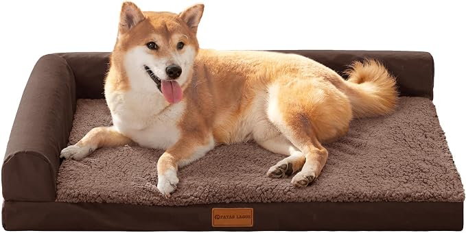 Patas Lague Orthopedic Medium Dog Bed Pet Sofa Beds 30''X20''Brown | L Bolster Egg-Crate Foam Dog Couch For Medium Dogs, Waterproof Removable Washable Cover, Pet Mat with Nonskid Bottom