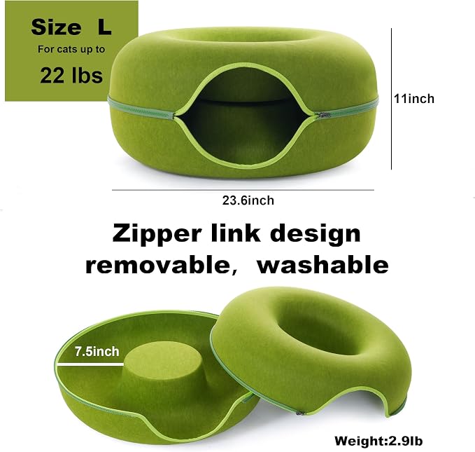 Large Cat Tunnel Bed for Indoor Cats with 3 Toys, Scratch Resistant Donut Cat Bed, Up to 30 Lbs (L 24x24x11, Green)
