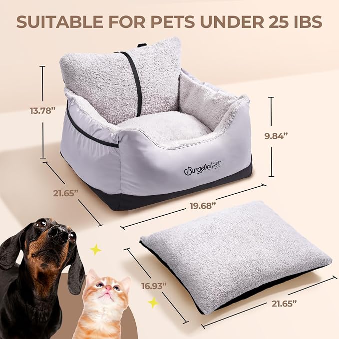 BurgeonNest Dog Car Seat for Small Dogs & Cats Under 25 lbs, Black Grey