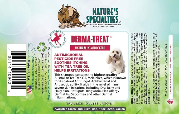 Nature's Specialties Derma-Treat Ultra Concentrated Anti-Microbial Medicated Dog Shampoo for Pets, Makes up to 96 oz, Natural Choice for Professional Groomers, Made in USA, 16oz