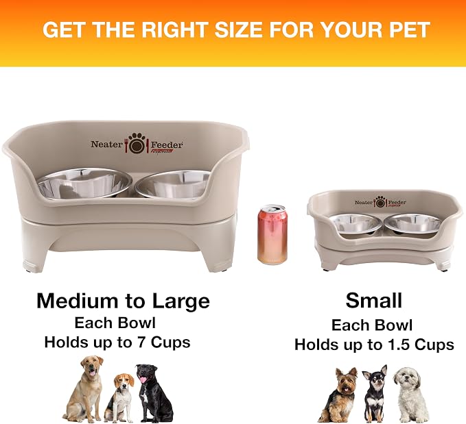 Neater Feeder Express Mess Proof Dog Bowls Elevated for Small Breeds Under 15 Lb, Made in USA, No Spill Raised Dog Food Bowl Stand, Stainless Steel Food and Water Bowl Set, Feeding Station, Almond