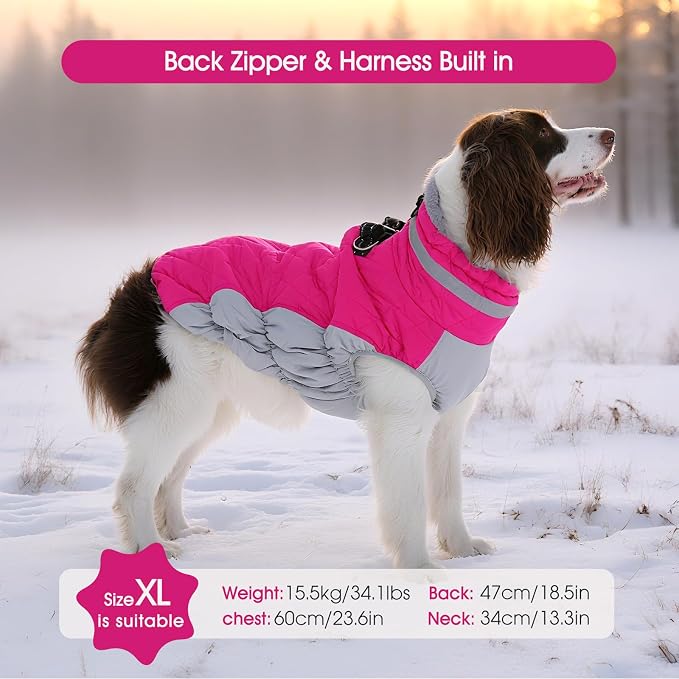 FUAMEY Dog Coat, Medium, Pink, Faux Fur - Waterproof, Windproof, Reflective Cold Weather Coat with Built-in Harness, Fits Dogs 11 lbs and Up | Puppy Cold Weather Coats Reflective Pet Puffer Vest with Zipper Water-Resistant Warm Dogs Snowsuit Windproof ...