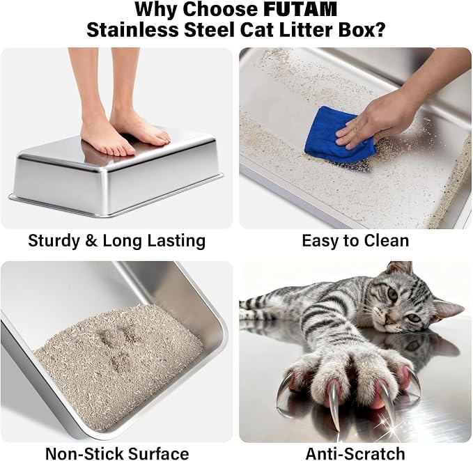 Stainless Steel Litter Box, Extra Large Cat Litter Box for Big Cats | High Sided, Anti-Urine Leakage, Easy Clean, Odor-Free, Non-Sticky, Includes Scoop & Mat