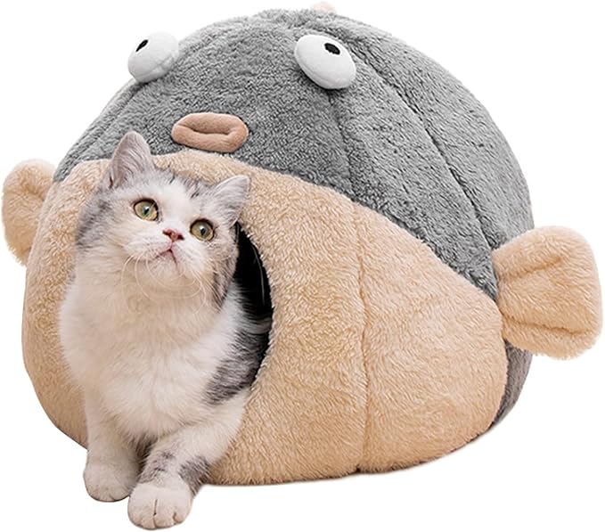 Cat Beds for Indoor Cats-Cat Bed Cave,Cute Lively Pufferfish Shape,Grey L | 2 in 1 Cats House for Kitten with Removable Washable Cushioned Pillow,Soft plush cat Tent for cat Hideaway,Machine Washable