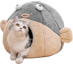 Cat Beds for Indoor Cats-Cat Bed Cave,Cute Lively Pufferfish Shape,Grey L | 2 in 1 Cats House for Kitten with Removable Washable Cushioned Pillow,Soft plush cat Tent for cat Hideaway,Machine Washable