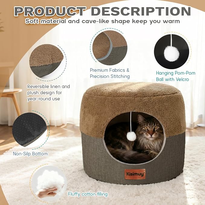 Cozy Cat Bed Cave for Indoor Cats,with Reversible Plush Cushion | 17.7"D x 13.8"H, 2-in-1 Convertible Kitten Bed, Hanging Cat Toys, Linen Fabric, Non-Slip, Small Dog Bed, Brown