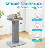 Made4Pets 32" Carpet Cat Scratching Post with Bed for Indoor Cats, Grey | Carpet Cat Scratcher, Raised Perch with Removable Washable Cover, Wide Base, Hanging Ball, Compact Indoor Design