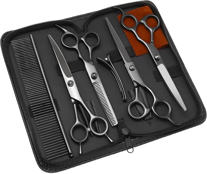 8.0 in 9CR Titanium Professional dog grooming scissors set,Grooming Scissors for Dogs Cats,Pet nail clippers,Shears, Straight,Curved,Thinning Shears,Comb for Full Body,Face, Nose,Ear,Paw