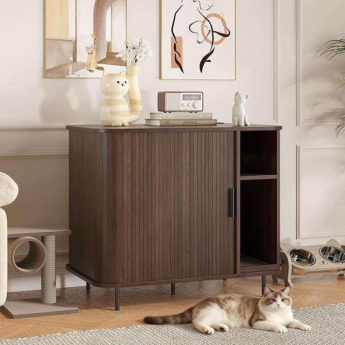 Large Litter Box Enclosure with Charging Station for Automatic Litter Box & Cat Robot 3/4, Hidden Litter Box Furniture with Dog-Proof Shelf, Scratch Pad, Wooden Cat Box Enclosure, Walnut