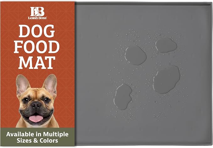 Leash Boss Dog Food Mat - Waterproof Non-Slip Dog Bowl Mat - Raised Lip Spill Containment Pet Feeding Pad - Dishwasher-Safe Silicone Tray - XXL, 30" x 22", Gray