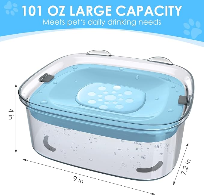 3L Dog Water Bowl No Spill, 101oz Large Spill Proof Dog Bowl Reduce Refill, Anti Splash No Mess Dispenser Dripless Slow Drinking Water Bowl for Sloppy Messy Drinkers (Sky Blue)