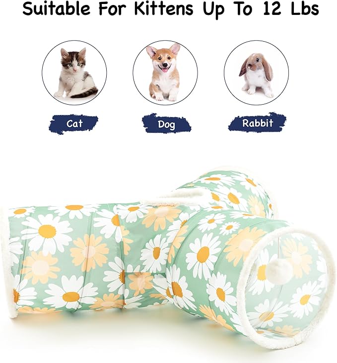 Tempcore Cat Tunnel for Indoor Cats, 3 Way Collapsible Pet Play Tunnel with Teaser Wand, Peek Holes & Hanging Ball, Interactive Tube for Kittens & Rabbits, Daisy Green Printed