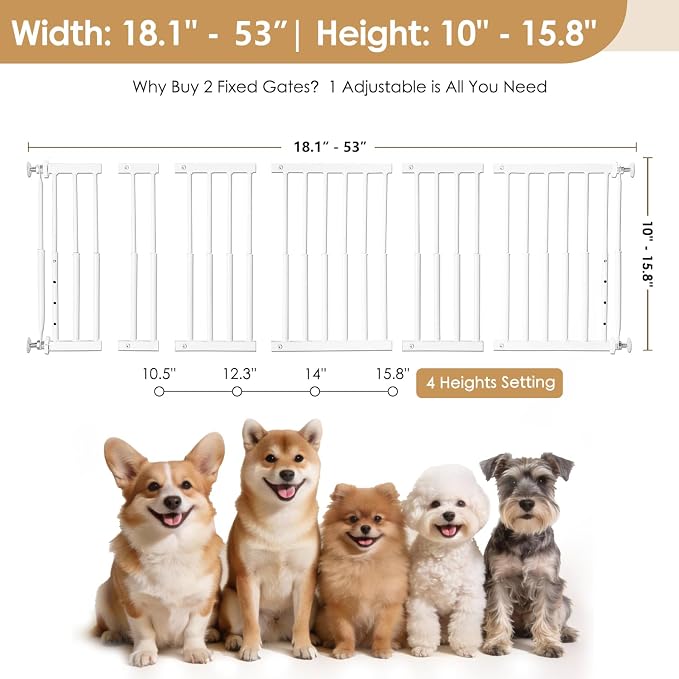 10''-15.8'' Height Adjustable Dog Gate, Extra Wide 18.1"-53" All Metal Short Dog Gate to Step Over, Pressure Mount Small Pet Puppy Gate for Stairs & Doorways(White)