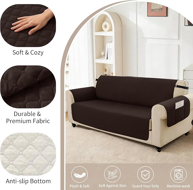 100% Waterproof Couch Cover for Dogs with Non-Slip & Side Pockets 23", Furniture Protector Sofa Covers, Washable Cushion Covers for Pets Kids Cat-Armchair Chocolate