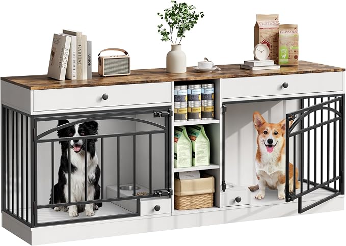 GarveeHome Dog Crate Furniture for 2 Dogs, Dog Kennel Indoor with Storage and Feeding Bowls, Double Dog Crate TV Stand for Small Medium Dogs, White