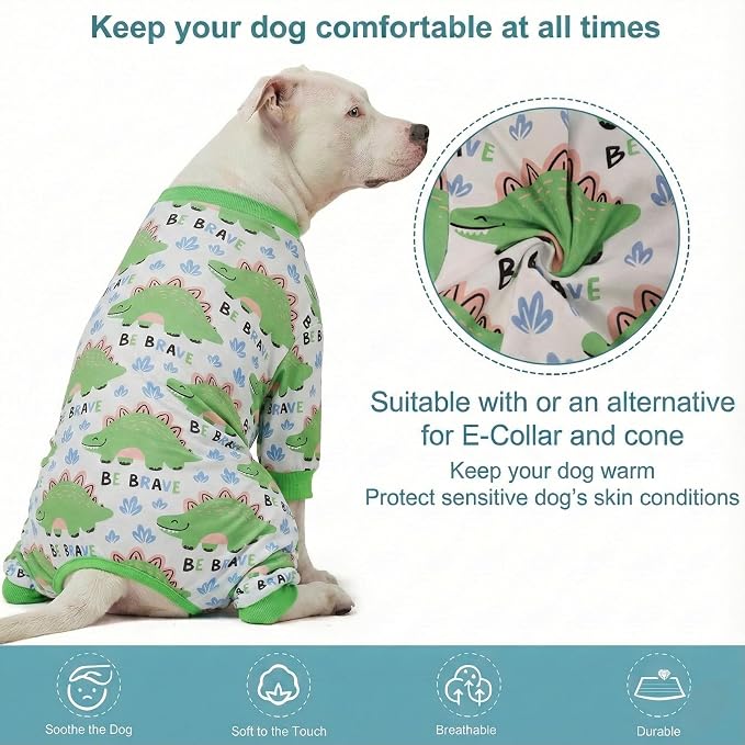 LovinPet Large Dog Pajamas, Four-Leg Stretch Onesie Bodysuit, Lightweight UV-Shielding Pajamas, Anti-Lick Calming Recovery Suit for Surgery, Pull-On for Medium and Large Breeds,White Green,L