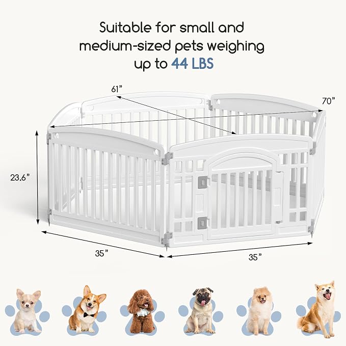 DUMOS Dog Playpen 6 Panels 24" Plastic Exercise Indoor Pen with Door Small Puppy, Medium Dogs Animal Pet Fence for Outdoor, Garden, Yard, RV Camping, White
