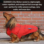DJANGO Dog Jacket & Raincoat – Lightweight Water-Resistant Coat for Small, Medium & Long Dogs Like Dachshunds – Reflective, Adjustable Fit, Harness-Compatible & Easy-Access Harness Hole - Red, Small