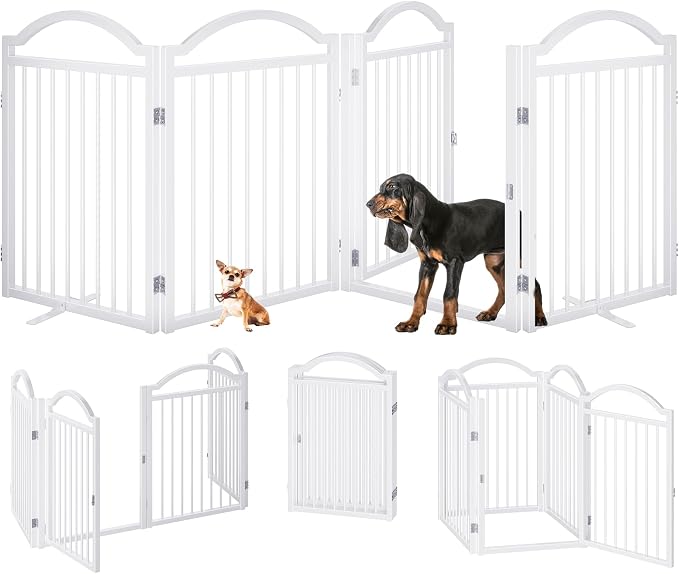 BHG Metal No-Assembly Freestanding Dog Gate with Door Walk Through, Extra Wide 96", Extra Tall 32" Pet Gate, Accordion Puppy Folding Playpen Dog Fence for Indoor & Outdoor, with 2PCS Support