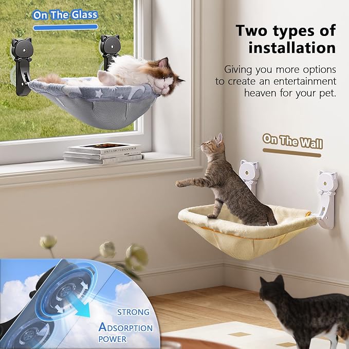 Cat Window Perch Cordless, Glow in The Dark & Stable Cat Beds- Breathable Window Hammock for Overlooking, Sunbathing and Climbing - Maximum Hold Up to 40lb(Grey+Cream)