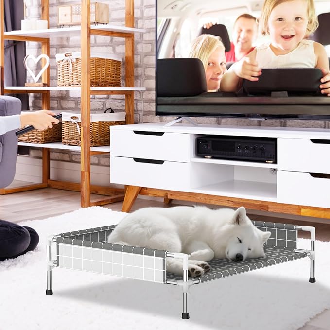 Elevated Dog Bed with Guardrail, Raised Pet Bed for Medium Dogs | Rust-resistant stainless steel frame with safety fence & soft cotton fabric. Anti-slip feet for secure indoor and outdoor use