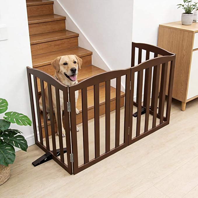 ZJSF Foldable Freestanding Indoor Dog Gate for House Wood Long Pet Gates Dog Fence for Stairs Puppy Gates for Hallways, Puppy Gate,Support Feet Included, Brown, 24 "Height-3 Panels