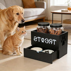 Dog Treat Jar for Countertop, 9.8 * 5.1 * 6'' 2 Layer Dog Treat Container with Drawer 2Jars and Sticker Wooden Pet Food Organizer Storage Basket For Pets Great Gift for Pets' Owners (Black)