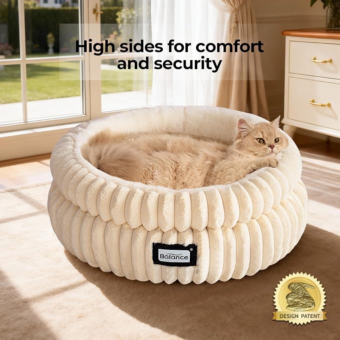 BALANCE Cat Bed Kitten Bed, Washable Round Cat Beds for Indoor Cats,Super Soft Plush Faux Fur Pet Bed for Puppy and Kitten with Anti-Slip Bottom
