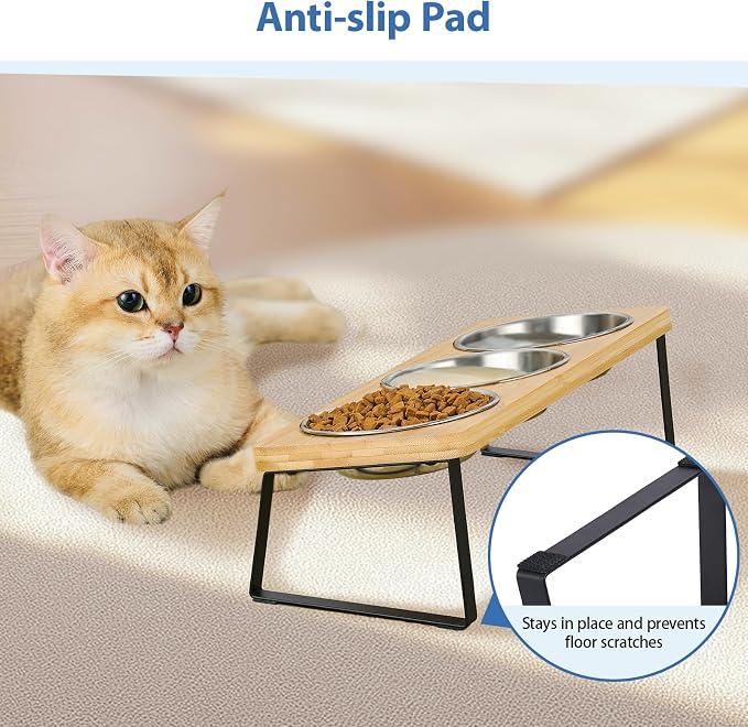 Elevated Cat Bowls, 15° Tilted Raised Cat Food and Water Bowl | Anti-Vomit & Whisker-Friendly Design, 3 Stainless Steel Bowls for Cats and Small Dogs