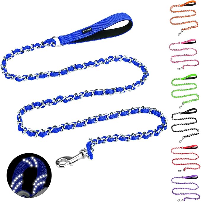 HOMIMP Chew Proof Dog Leash for Medium Large Dogs, Reflective 6 FT Heavy Duty Metal Chain Dog Leashes with Soft Padded Handle, Anti Bite Durable Rope Leashes for Pitbull, Non Chewable