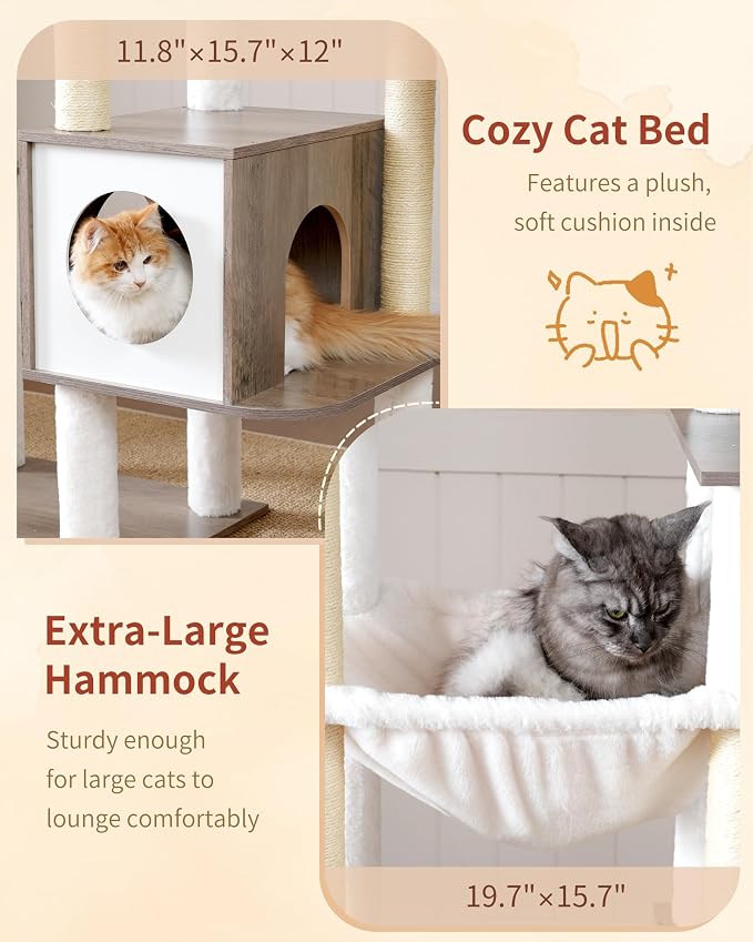Heybly Cat Tree, 70.5" Wood Tall Cat Tower for Large Indoor Cats HCT121SG | Modern Cat Furniture with Extra Stable Structure, All-Sisal Scratching Posts, Cat Condo & Hammocks, Smoky Gray