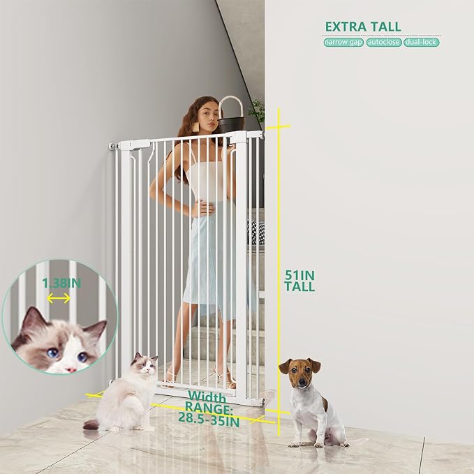 51" Extra Tall Cat Gate 28.5"-35" Wide, Auto Close, Pressure Mounted, for Cats & Small Dogs, Hallway, Stairs, Kitchen,Pet Gate,White