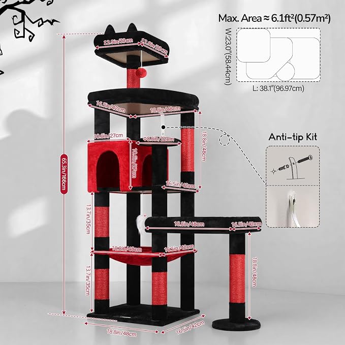 Globlazer Extra Large Platform Gothic Cat Tree, 65in Tall Sturdy Goth Cat Tower for Multiple Indoor Cats, Big Cat Tree for Large Cat with 3 Enlarged Perches, 6 Scratching Posts, Condo, S65, Red Black