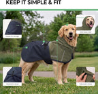 Luciphia Dog Raincoat, Adjustable Hooded Reflective Jacket with Pocket | Olive Navy X-Large dog rain jacket with leash hole, buckle-on, non-stick fur. For daily walks