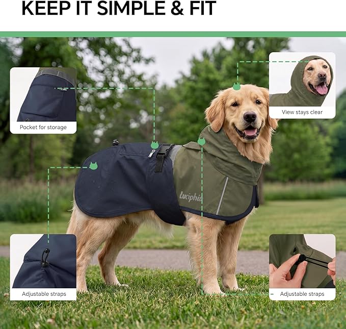 Luciphia Dog Raincoat, Adjustable Hooded Reflective Jacket with Pocket | Olive Navy Medium dog rain jacket with leash hole, buckle-on, non-stick fur. For daily walks.