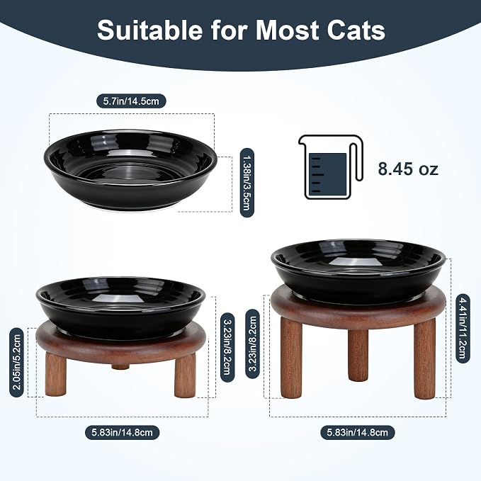SPUNKYJUNKY Shallow Elevated Cat Bowl with Acacia Wood Stand Wide Raised Ceramic Cat Dishes Whisker Friendly Pet Food and Water Plates (Striped Pattern, 2 Pack, Black)