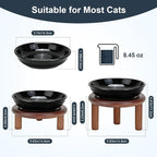 SPUNKYJUNKY Shallow Elevated Cat Bowl with Acacia Wood Stand Wide Raised Ceramic Cat Dishes Whisker Friendly Pet Food and Water Plates (Striped Pattern, 2 Pack, Black)