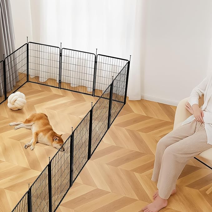 Amazon Basics Dog Playpen, 8 Panels Metal Fence with Door, Foldable for Indoor and Outdoor Use, Suitable for Small to Medium Sized Dogs, 24 Inch Height, Black