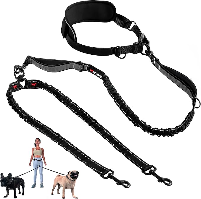 Tuff Pupper Heavy Duty Hands Free Dog Leash | Two Small/Medium Dogs Up to 90 lbs | Comfortable Shock Absorbing Bungee | Reflective Padded Handles | Lumbar Waist Belt 28-50" | Jogging Running Leash