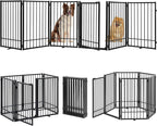 Metal Freestanding Dog Gate with Door, Extra Wide 121", 31" Height Foldable Dog Gates for Doorways, Tall Pet Fence Indoor Pet Gates, 6 Panels Pet Barrier for Stairs Hallways, Black